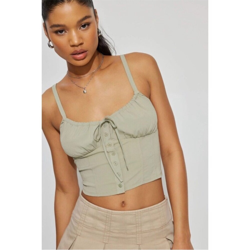 Garage Rosie Buttoned milkmaid cami green Crop Top Small seagrass